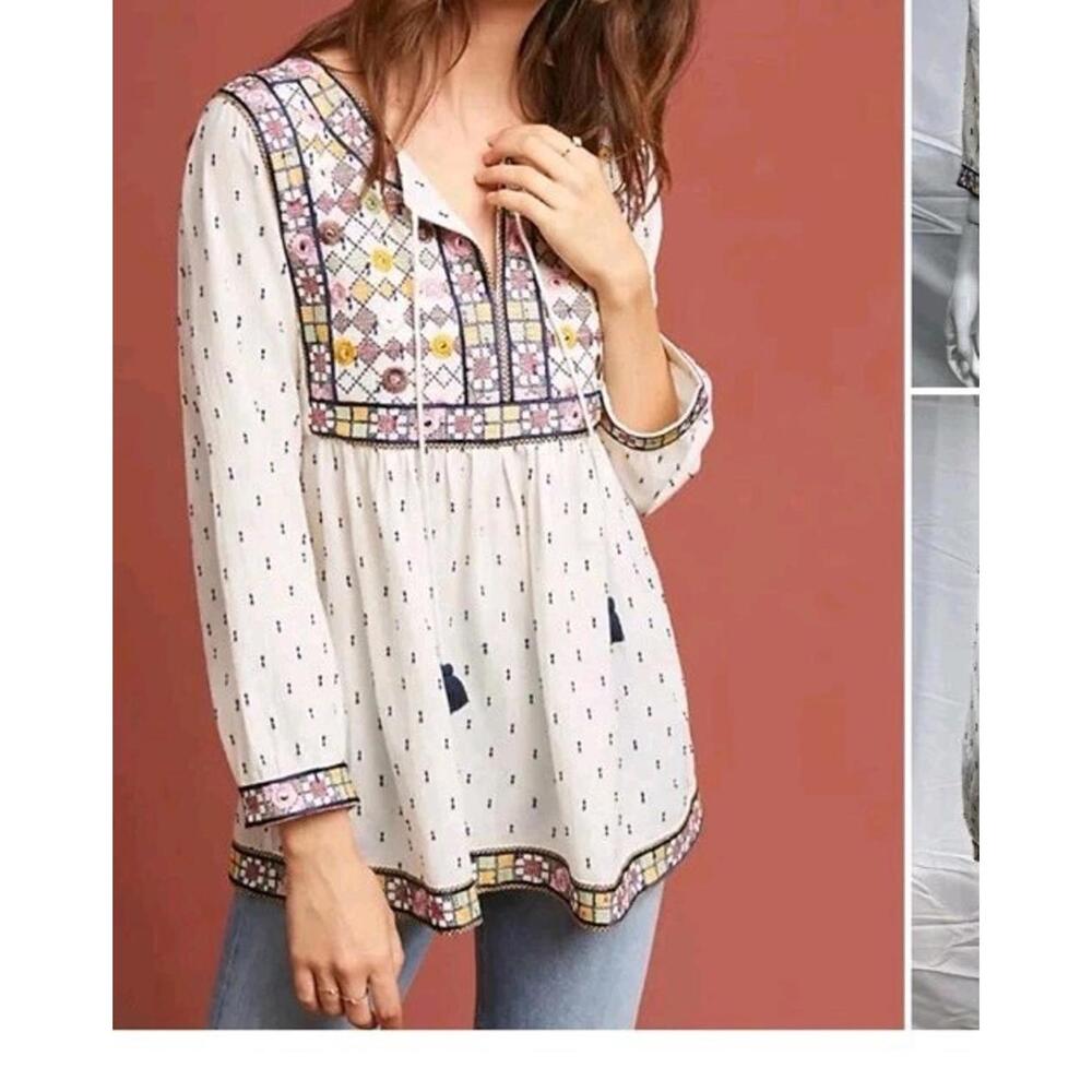 Payal Pratap‎ Anthropologie Magowan Top Small Embroidered Peasant 3/4 Sleeve